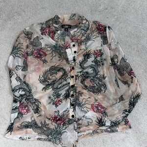 Sheer Floral Dragon Print Sheer Blouse
